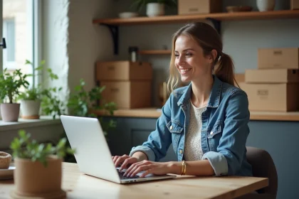 Femme assise à une table de cuisine en souriant