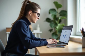 Jeune femme au bureau regardant son ordinateur avec outil de conversion