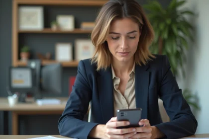 Femme d'affaires en bureau avec smartphone et livres