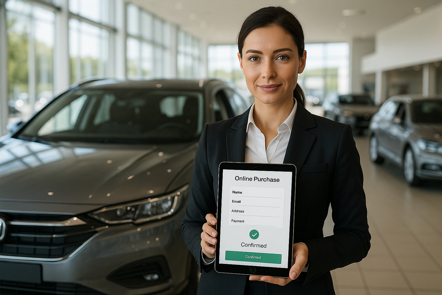 Femme confiante achetant une voiture en concession