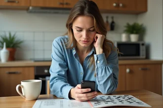 Jeune femme concentrée avec puzzle dans une cuisine chaleureuse