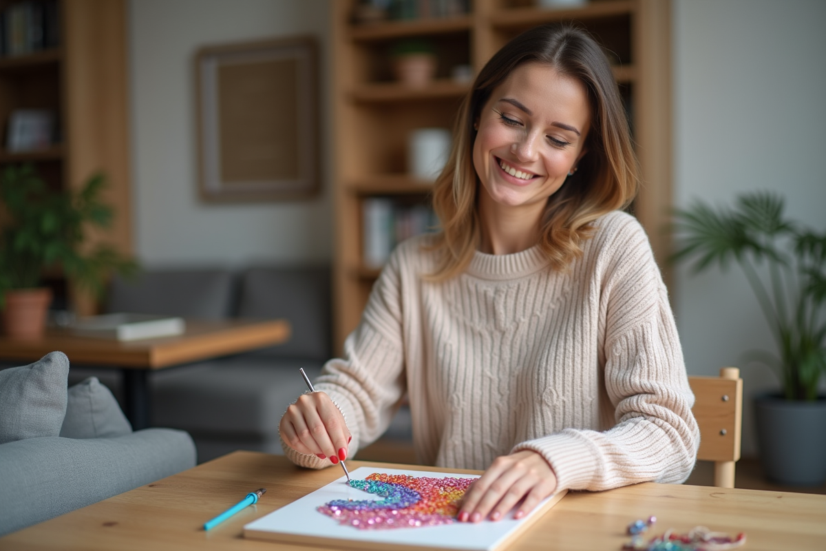 Femme souriante posant avec ses perles de diamants 5D