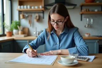 Jeune femme en cuisine note des mesures avec un tableau de conversion