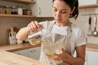 Femme en cuisine versant du liquide dans un verre gradué en millilitres avec précision