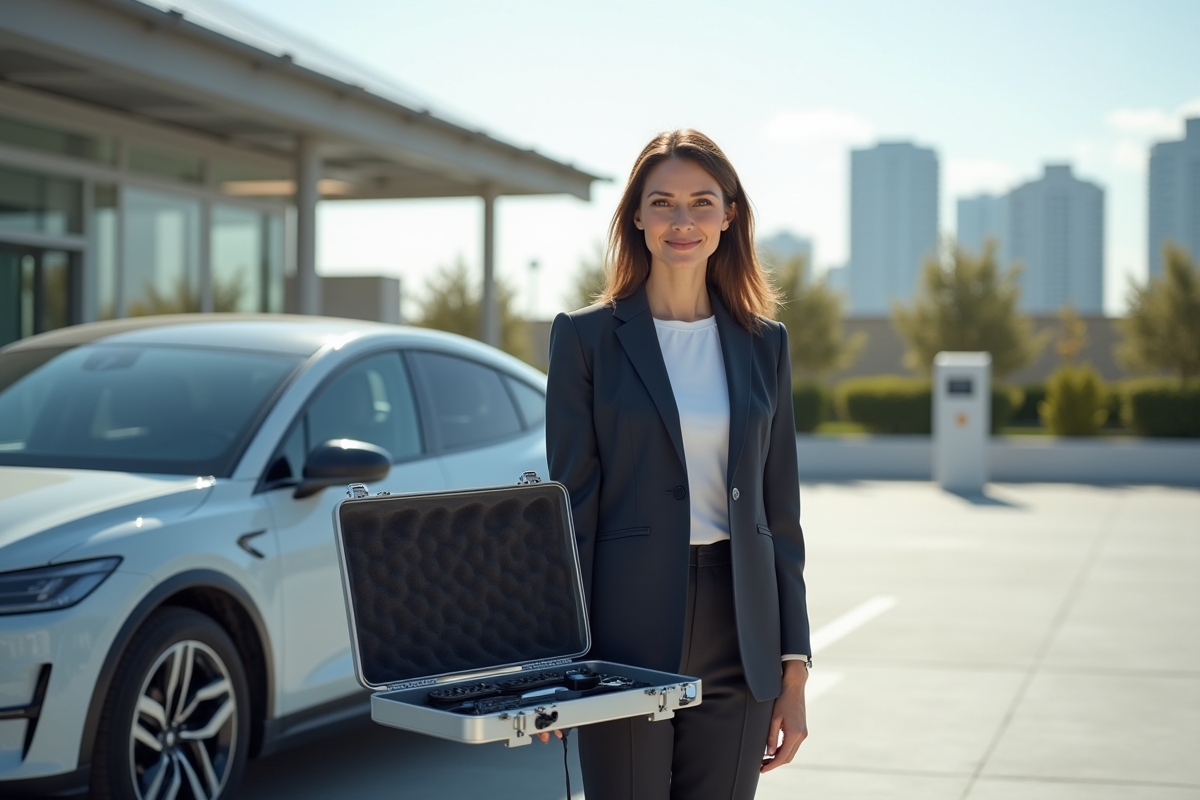 Femme avec mallette de diagnostic devant voiture électrique