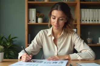 Femme concentrée révisant des documents financiers dans un bureau à domicile chaleureux, illustrant le rapport au travail et à la sécurité financière du 4 juillet signe astro
