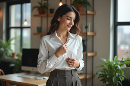 Femme élégante en blouse blanche dans un espace de travail moderne