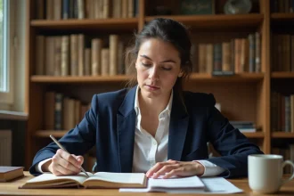 Femme étudiant la grammaire française avec des livres ouverts sur un bureau en bois, illustrant l'usage des temps du passé en français