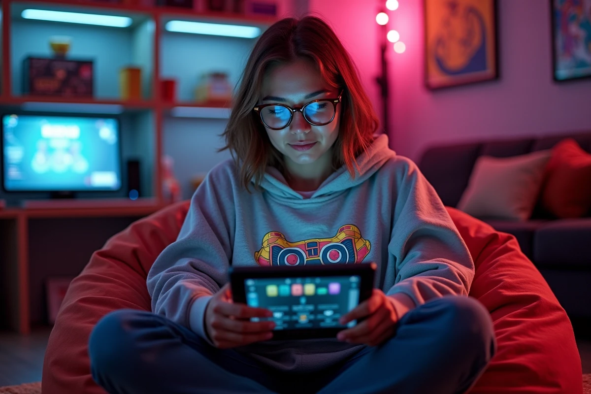 Femme geek personnalisant son profil geekfinity sur une tablette dans un espace gaming décoré de figurines et d'affiches de comics