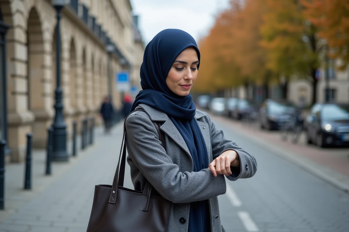 Femme voilée vérifiant l'heure de prière devant l'Hôtel de Ville de Compiègne en automne