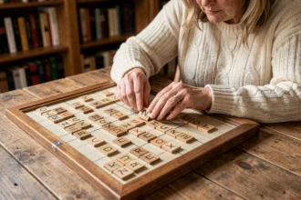Femme posant une tuile Scrabble sur un plateau de jeu en bois avec des lettres rares visibles