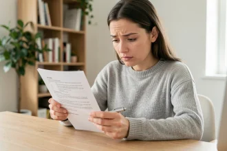 Femme lisant attentivement un contrat de carte SIM Orange avec un stylo à la main sur un bureau en bois
