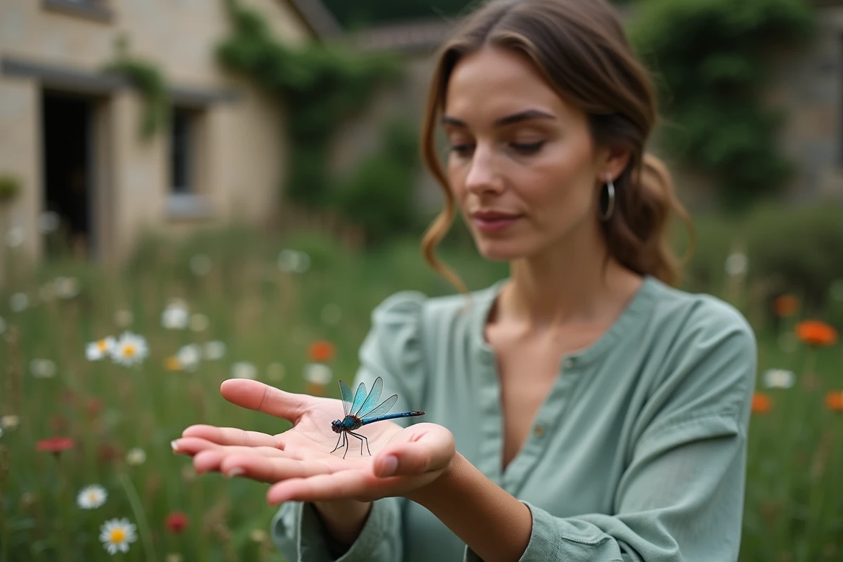 Femme tenant une libellule bleue dans sa main ouverte dans un jardin, symbole spirituel de guidance et de connexion à la nature