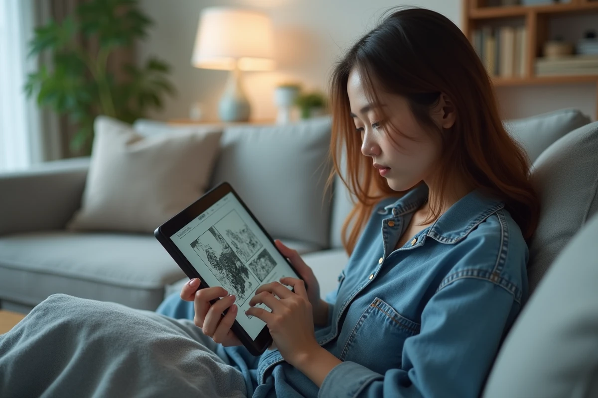 Jeune femme lisant un manga sur une tablette numérique depuis son canapé, illustration de la lecture en ligne