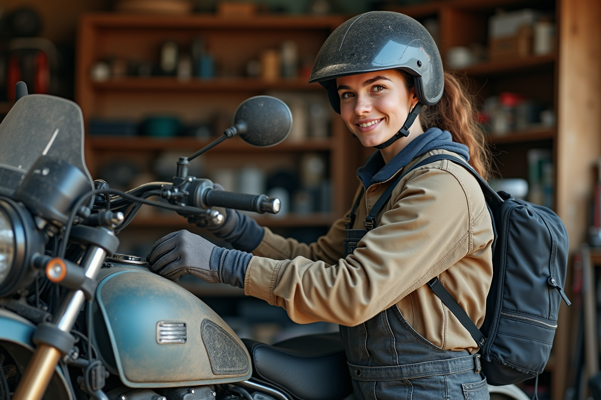 Femme mécanicien vérifiant une moto dans un garage organisé