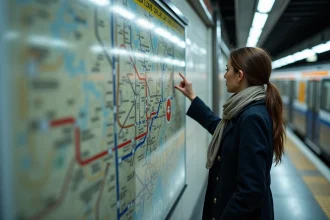 Femme dans le métro parisien étudiant la carte de la ligne 6