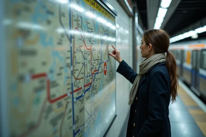 Femme dans le métro parisien étudiant la carte de la ligne 6