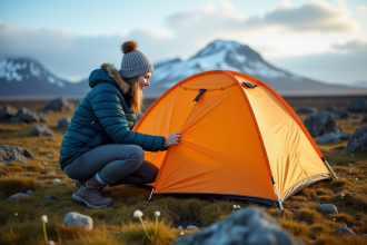Jeune femme installant une tente en Islande dans un paysage volcanique