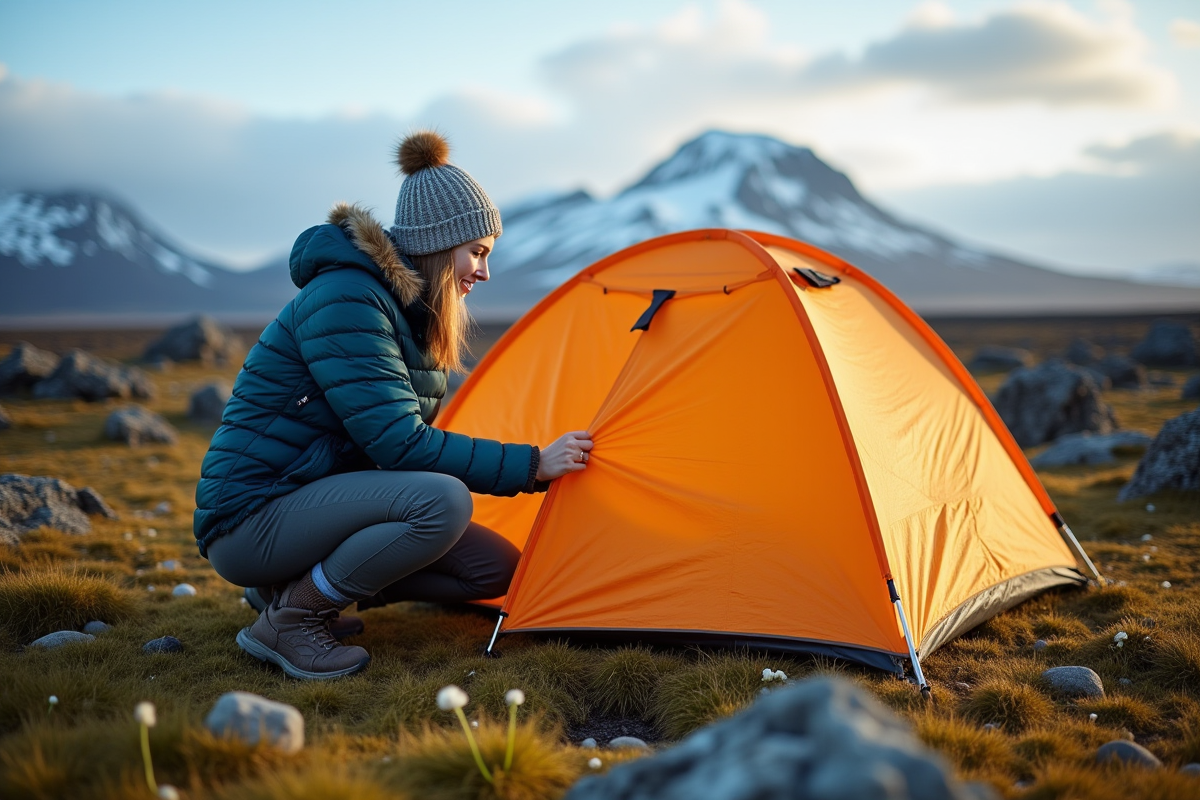 Jeune femme installant une tente en Islande dans un paysage volcanique