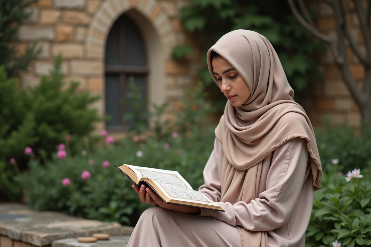 Jeune femme nord-africaine récitant le Quran en extérieur