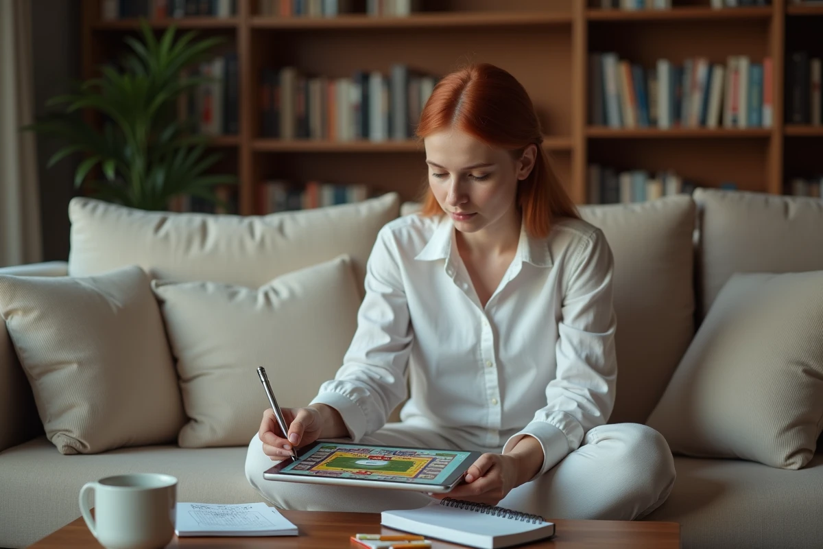 Jeune femme prenant des notes de stratégie avancée pour Monopoly Go sur tablette dans son salon