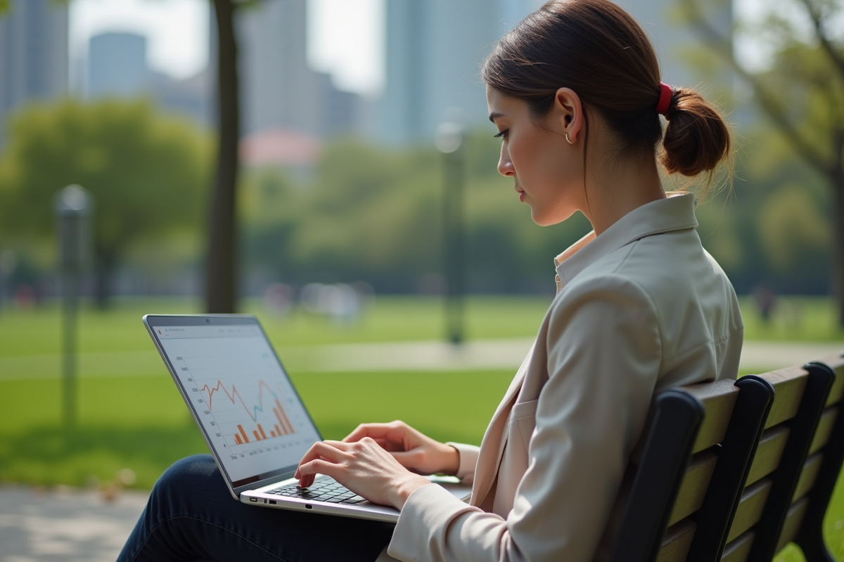 Jeune femme consulte un graphique de taux immobilier en extérieur