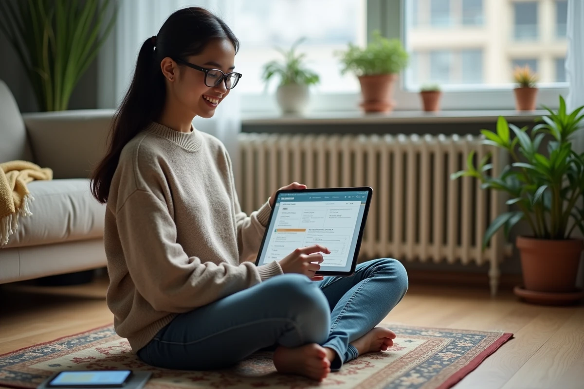 Femme assise sur le sol avec tablette pour organiser ses notes Dofus