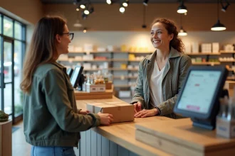 Femme souriante dans un magasin moderne avec colis à la main