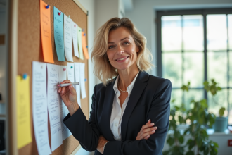 Femme d'âge moyen en tenue professionnelle devant un tableau de notes