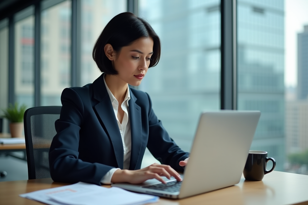 Femme professionnelle en bureau concentrée sur son ordinateur