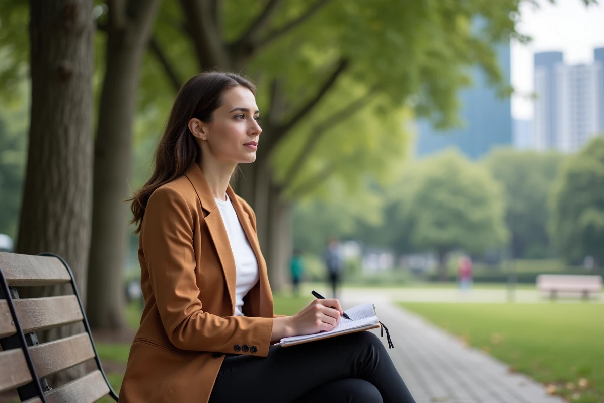 Jeune femme professionnelle assise dans un parc urbain avec un carnet, évoquant la réflexion sur les objectifs de carrière et la sécurité financière dans le contexte astrologique du 4 juillet