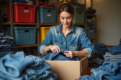 Femme plie du denim recyclé dans une box à la maison
