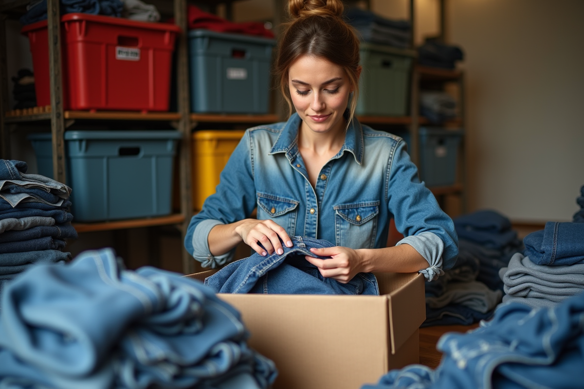 Femme plie du denim recyclé dans une box à la maison