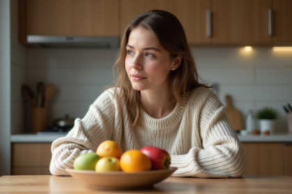 Femme réfléchissant devant un bol de fruits dans une cuisine moderne