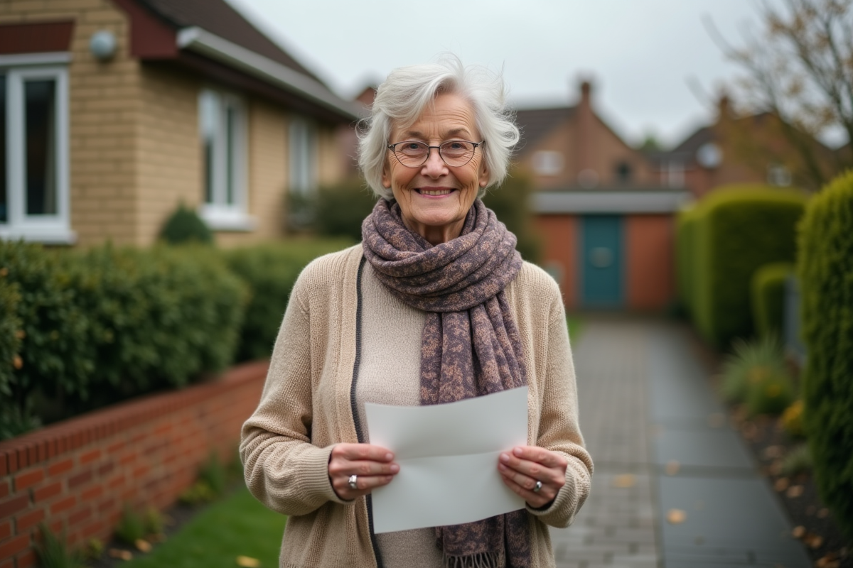 Femme retraitée EDF dans son jardin avec une lettre
