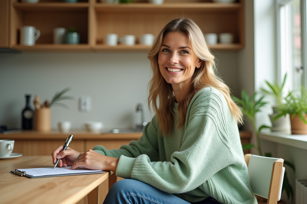Femme souriante en vert vérifiant sa checklist bien-être