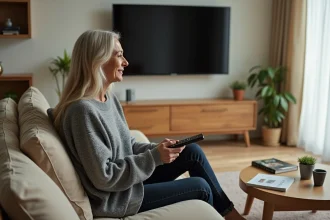 Femme tenant une télécommande et regardant le programme TV l'après-midi dans son salon