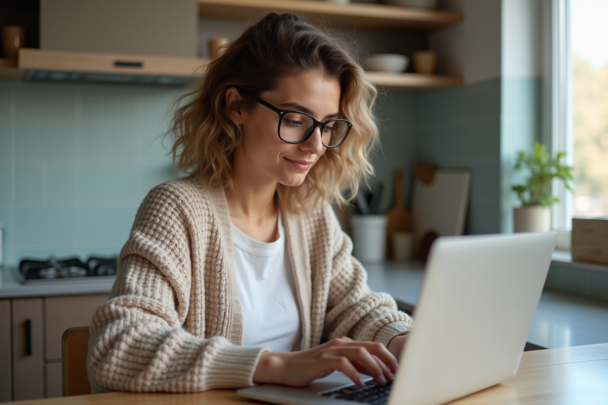 Jeune femme concentrée travaillant sur son ordinateur à la maison