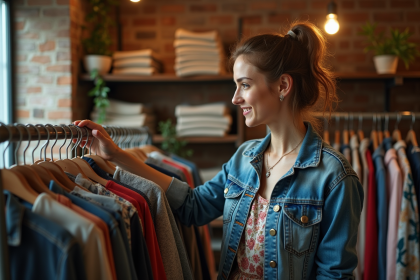 Femme souriante dans une friperie vintage authentique