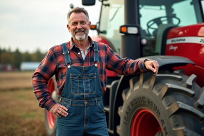 Ferme avec fermier et nouveau tracteur robuste