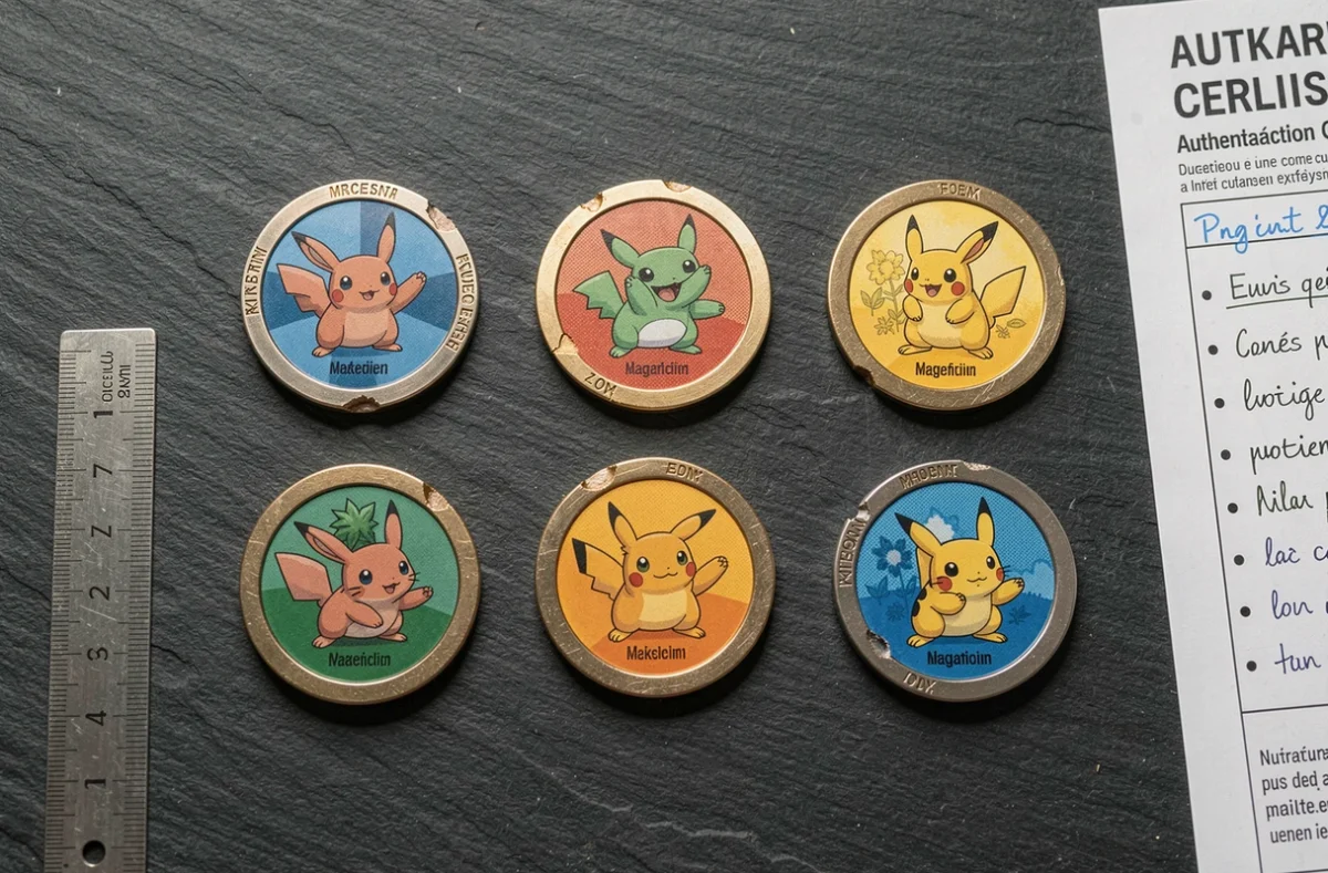Vue du dessus de plusieurs jetons Pokémon authentiques et contrefaits disposés sur ardoise avec règle de comparaison