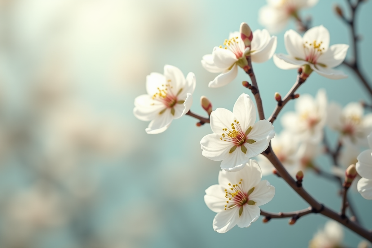 Gros plan sur fleurs blanches sur branches fines