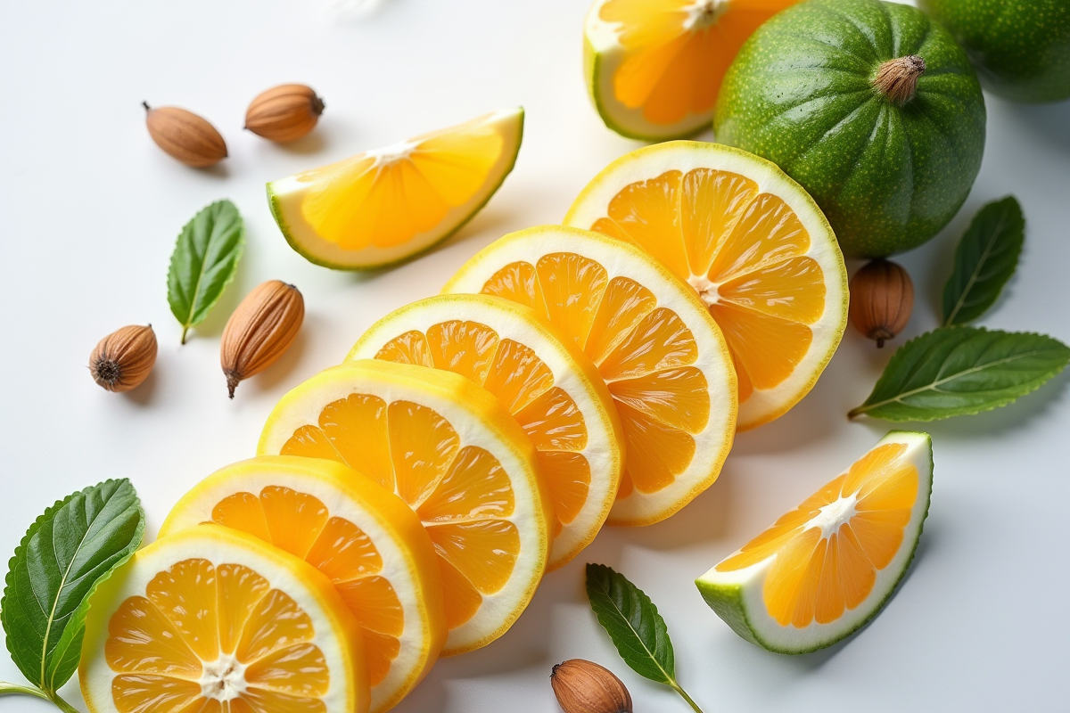 Fruits latins tranchés et légumes feuillus sur surface blanche