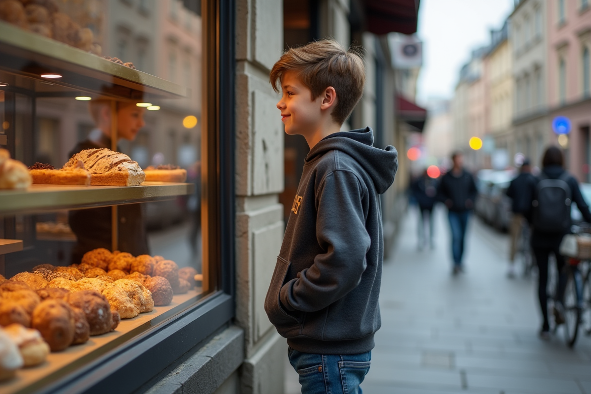Garçon regardant des pâtisseries dans une vitrine de boulangerie