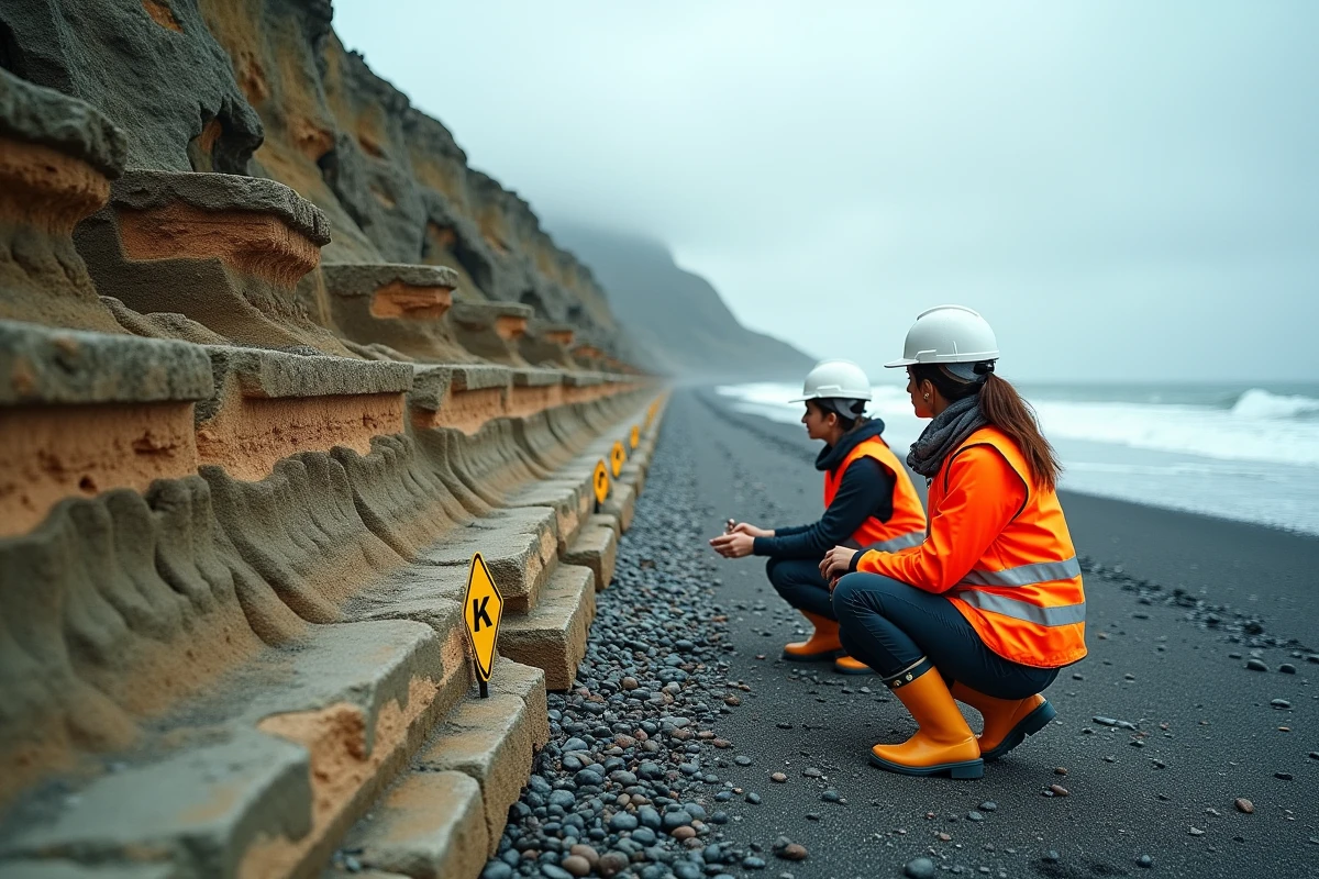 Géologues étudiant des couches sédimentaires de dépôts de tsunami sur une falaise côtière érodée pour cartographier les événements historiques