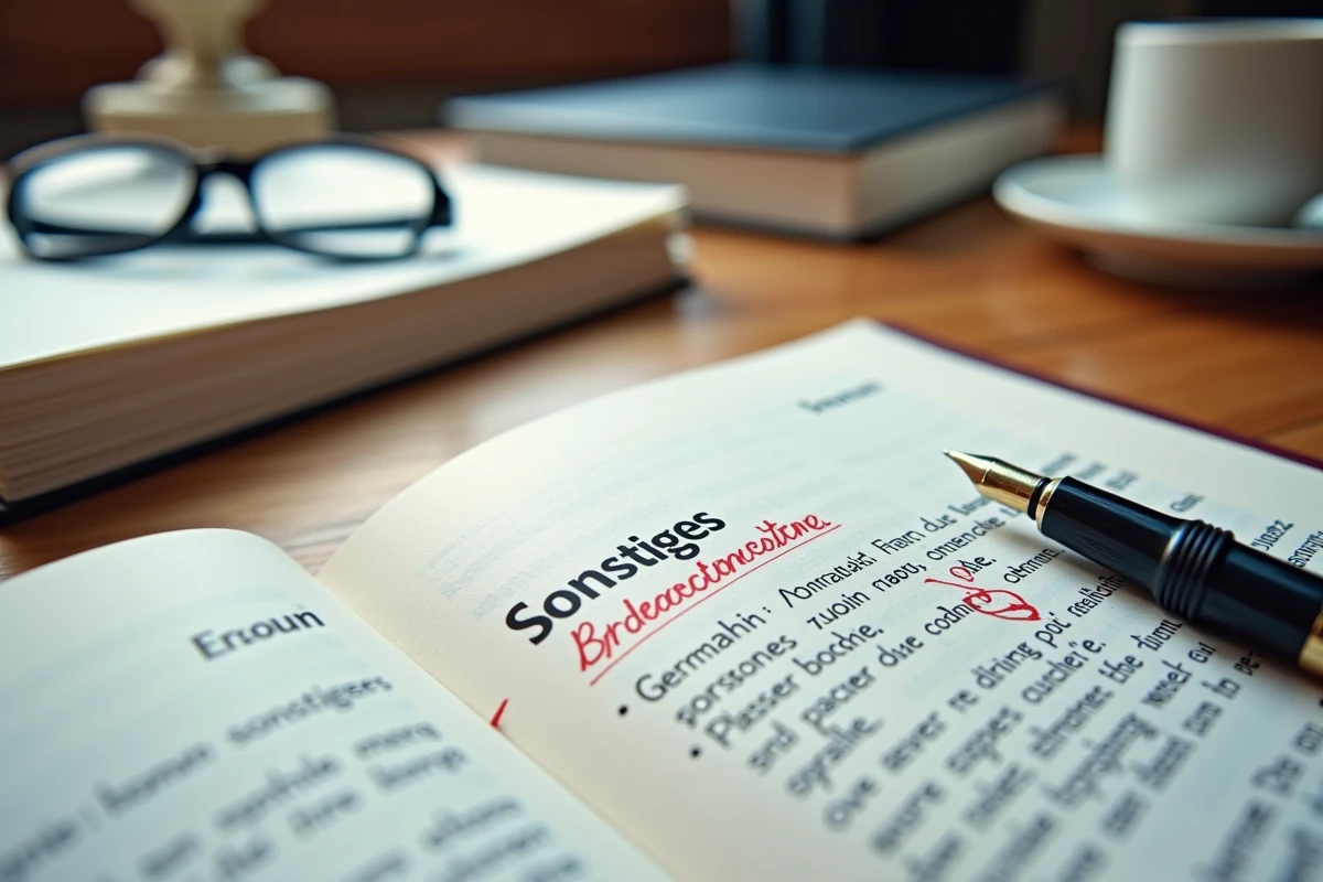 Gros plan sur un glossaire juridique bilingue allemand-français ouvert avec des annotations manuscrites traduisant le terme Sonstiges et un stylo plume posé sur la page