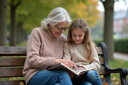 Une grand-mère souriante avec sa petite fille dans un parc