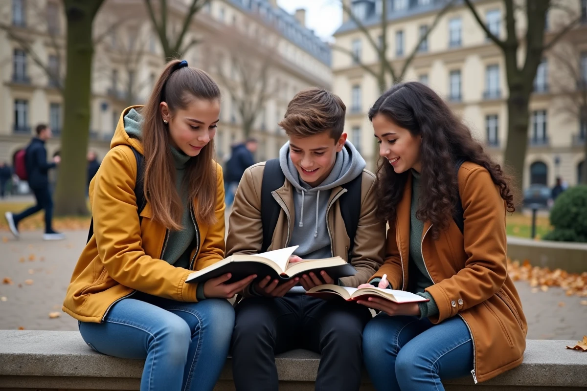 Trois adolescents discutent autour d un banc dans un parc urbain