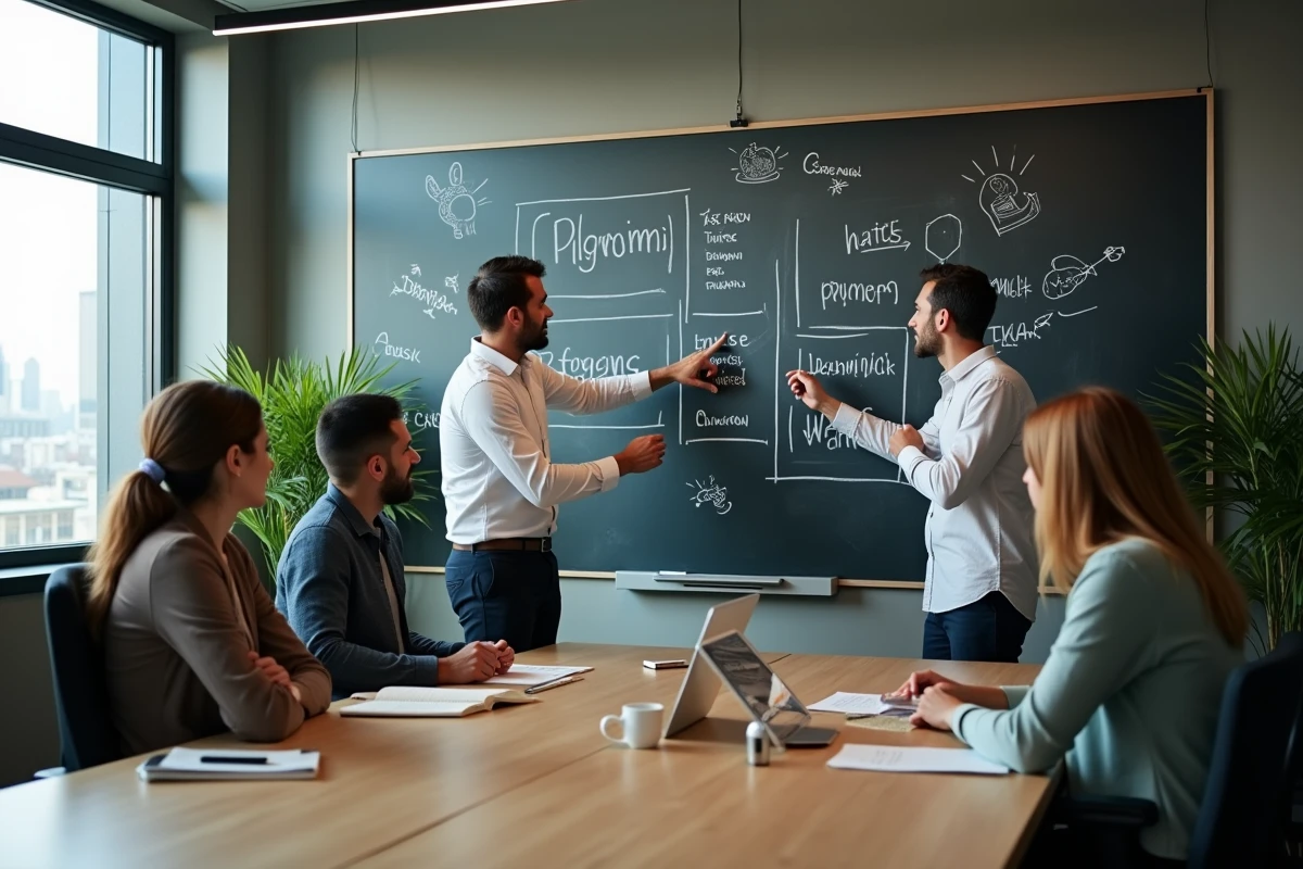 Groupe d adultes discutant autour d un tableau noir en réunion