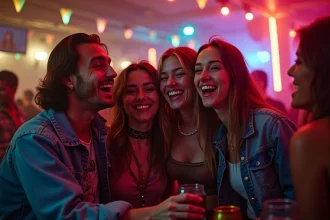 Groupe d'amis divers dans un club techno parisien